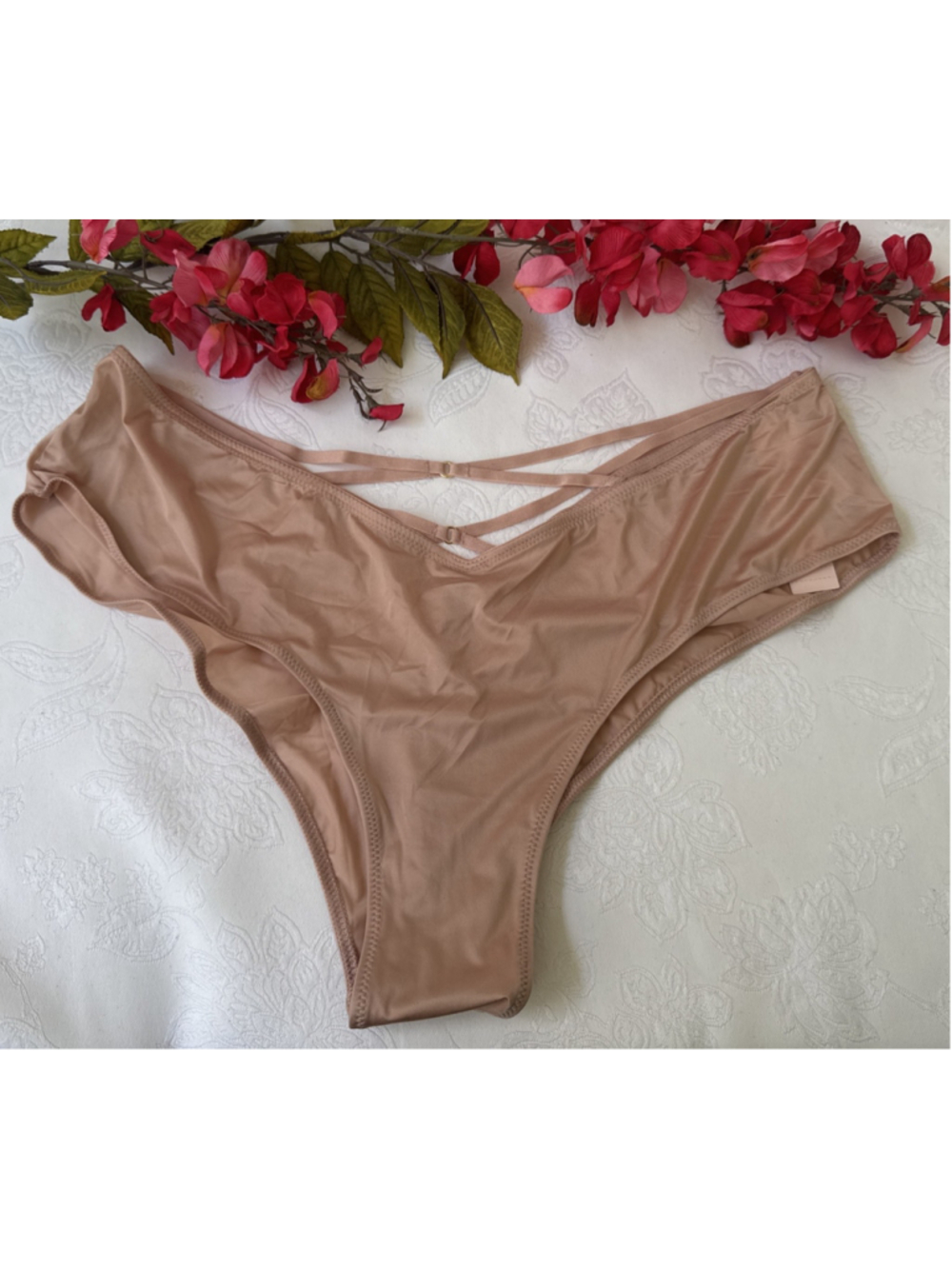 VICTORIA'S SECRET XL SILKY NUDE VERY SEXY STRAPPY CHEEKY HI LEG PANTIES NWT